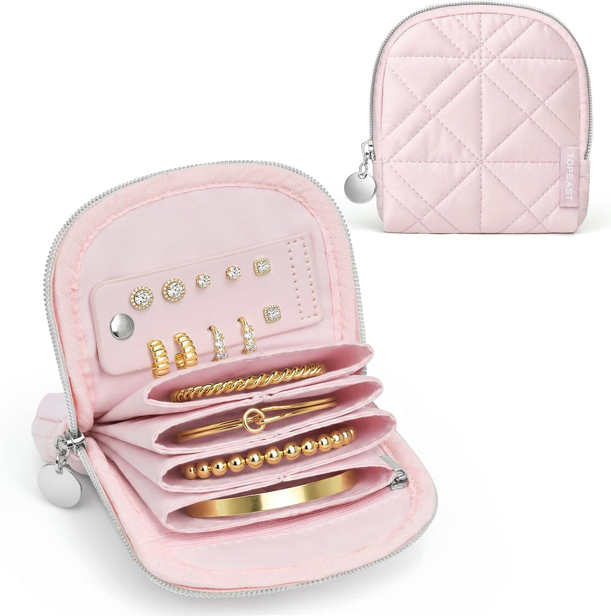 Quilted Travel Jewelry Case for Women, Puffer Jewelry Organized Bag