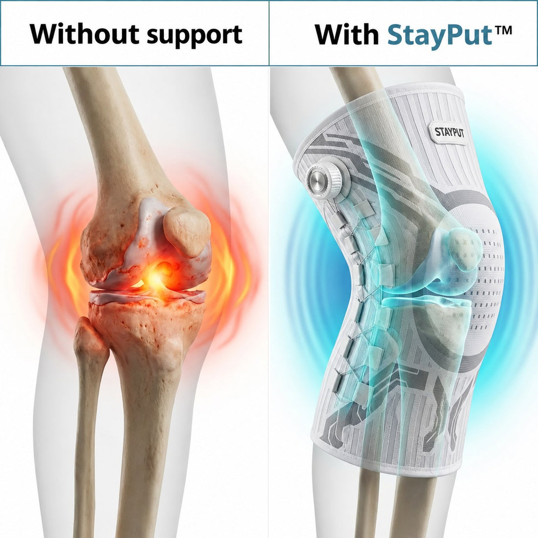 Knee without support next to a knee wearing the StayPut Dial brace