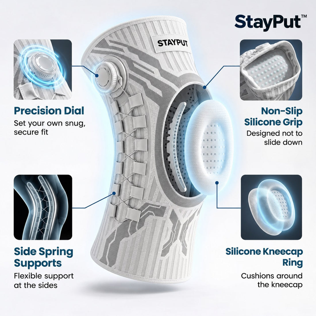 StayPut Dial features: precision dial, non-slip silicone grip, side spring supports, silicone kneecap ring