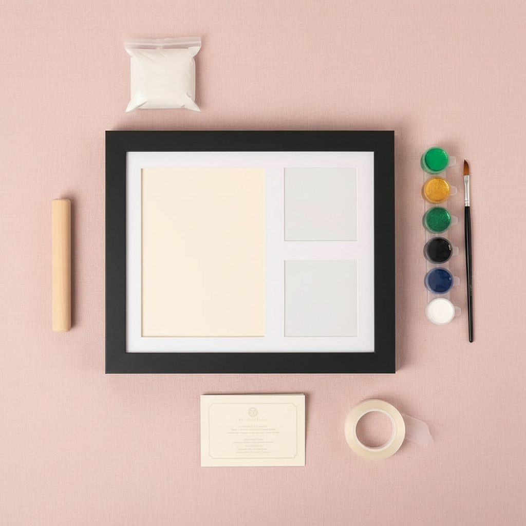 Everything in the kit: frame, air-dry clay, paints, brush, stick, tape and instructions
