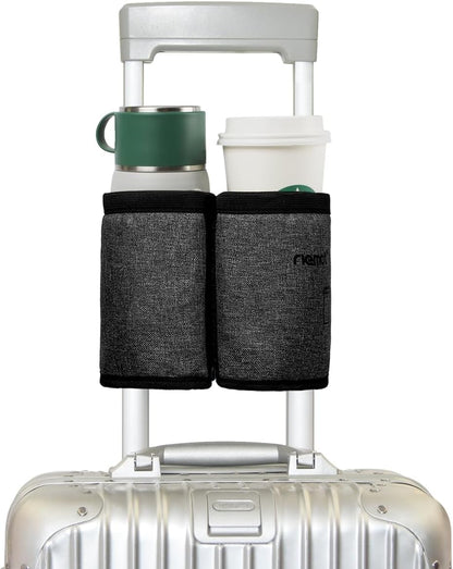Luggage Travel Cup Holder Free Hand Drink Carrier - Hold Two Coffee Mugs - Fits Roll on Suitcase Handles - Gifts for Flight Attendants Travelers Accessories Grey