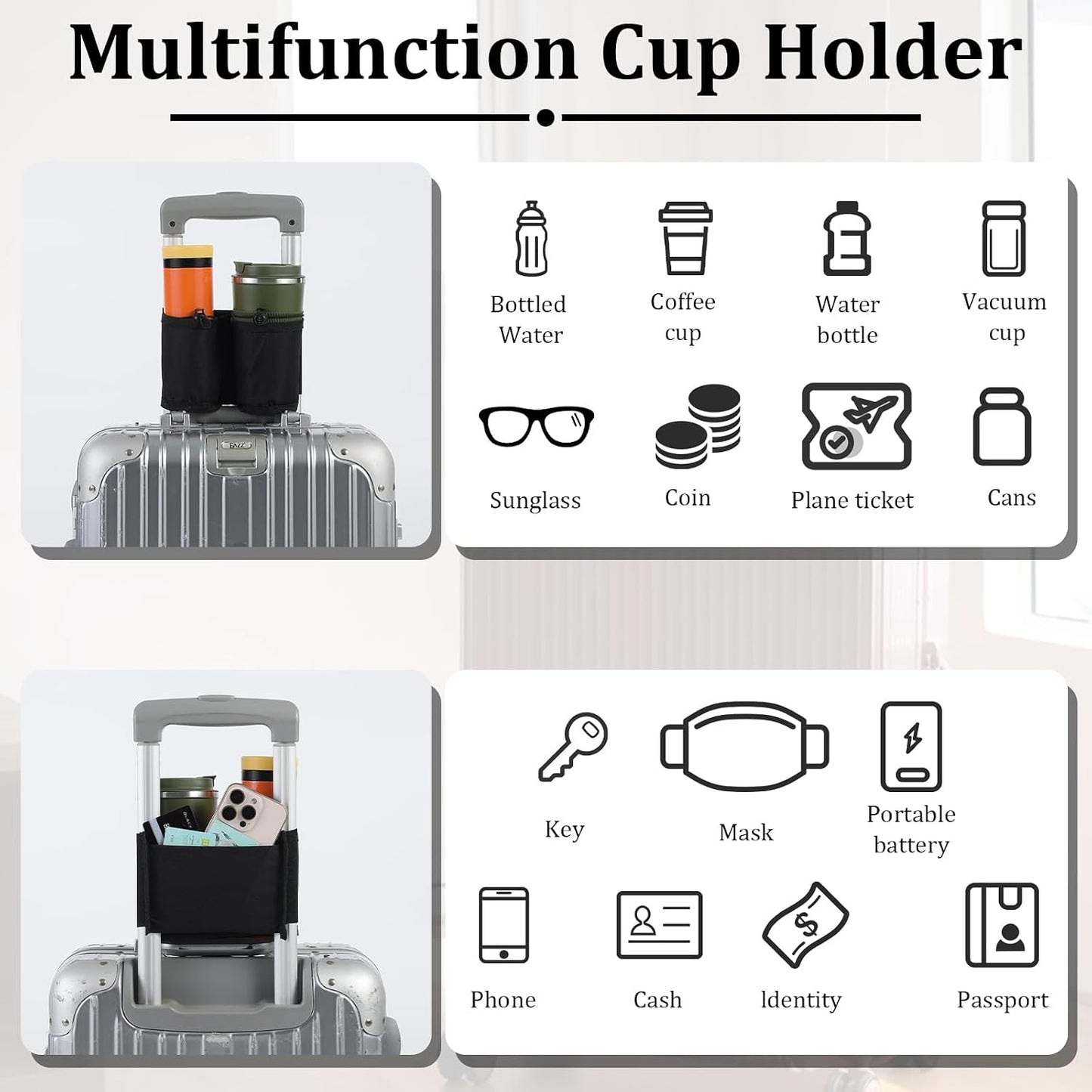 Luggage Cup Holder for Suitcases,Oxford Cloth Suitcase Cup Holder, Portable and Adjustable Luggages Drink Holders, Suitable for Luggages Handle, Travel Accessories,Black