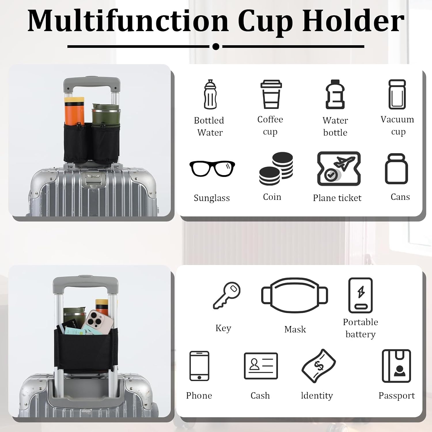 Luggage Cup Holder for Suitcases,Oxford Cloth Suitcase Cup Holder, Portable and Adjustable Luggages Drink Holders, Suitable for Luggages Handle, Travel Accessories,Black