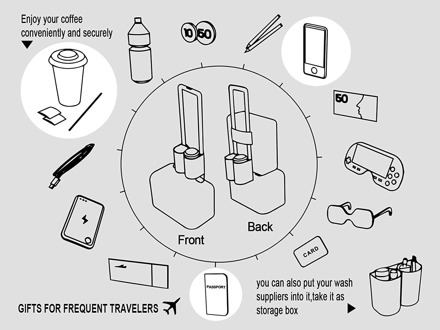 Luggage Travel Cup Holder Free Hand Drink Carrier - Hold Two Coffee Mugs - Fits Roll on Suitcase Handles - Gifts for Flight Attendants Travelers Accessories Grey