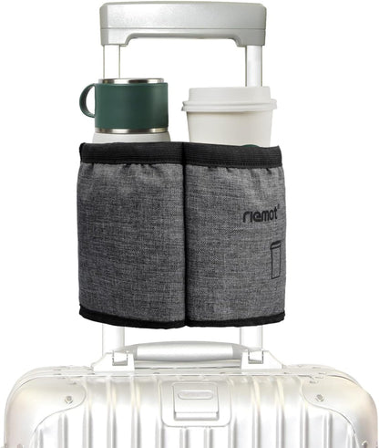 Luggage Travel Cup Holder Free Hand Drink Carrier - Hold Two Coffee Mugs - Fits Roll on Suitcase Handles - Gifts for Flight Attendants Travelers Accessories Grey