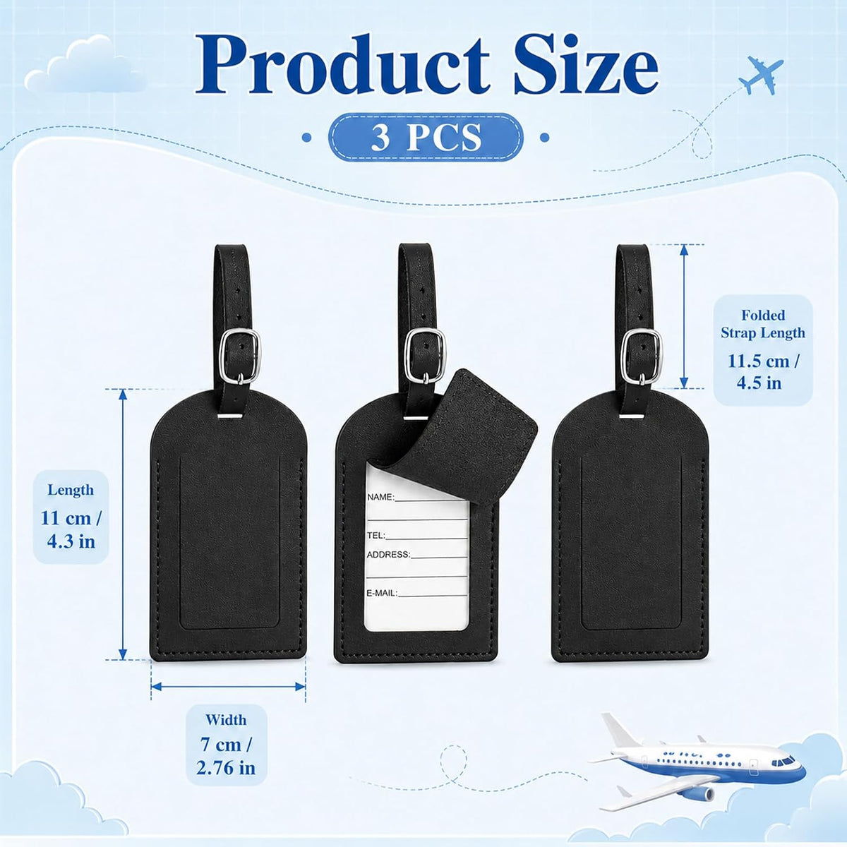 3 Pack Leather Luggage Tags, Black PU Leather Cruise Luggage Tag