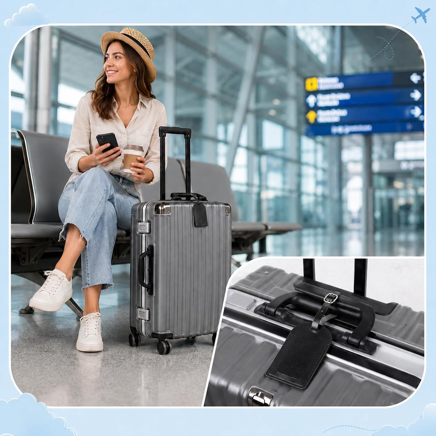 3 Pack Leather Luggage Tags, Black PU Leather Cruise Luggage Tag