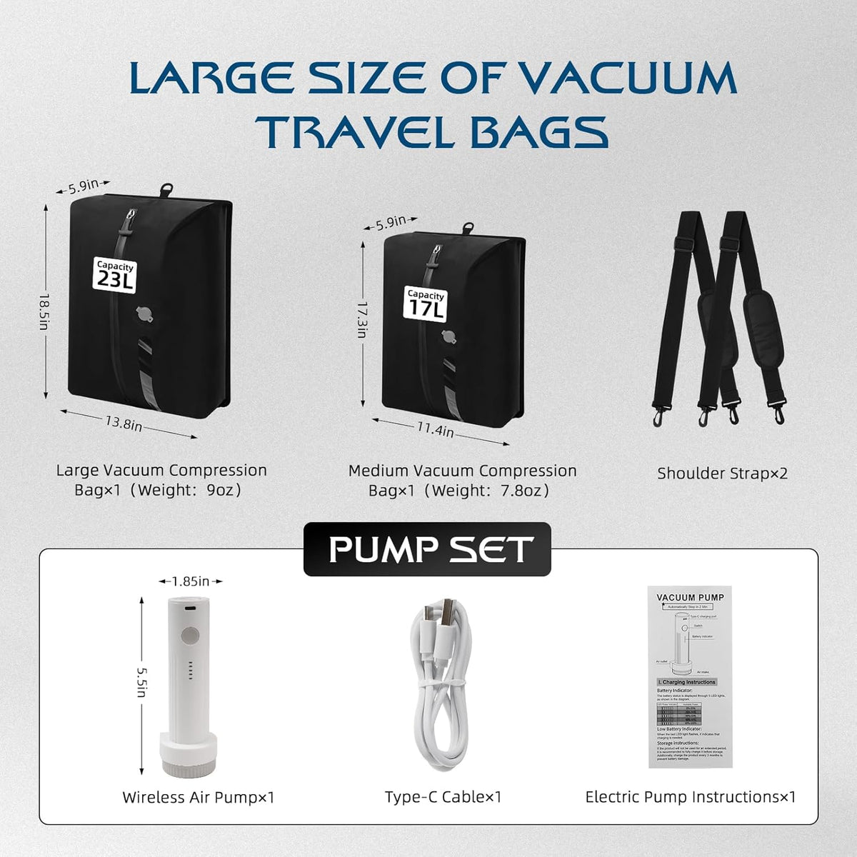 Travel Vacuum Bags with Pump,Space Saver Vacuum Storage Bags, Ip67 Waterproof,Airless Vacuum Kit Travel Carry on Suitcase and Backpack (2 Pack+Pump）