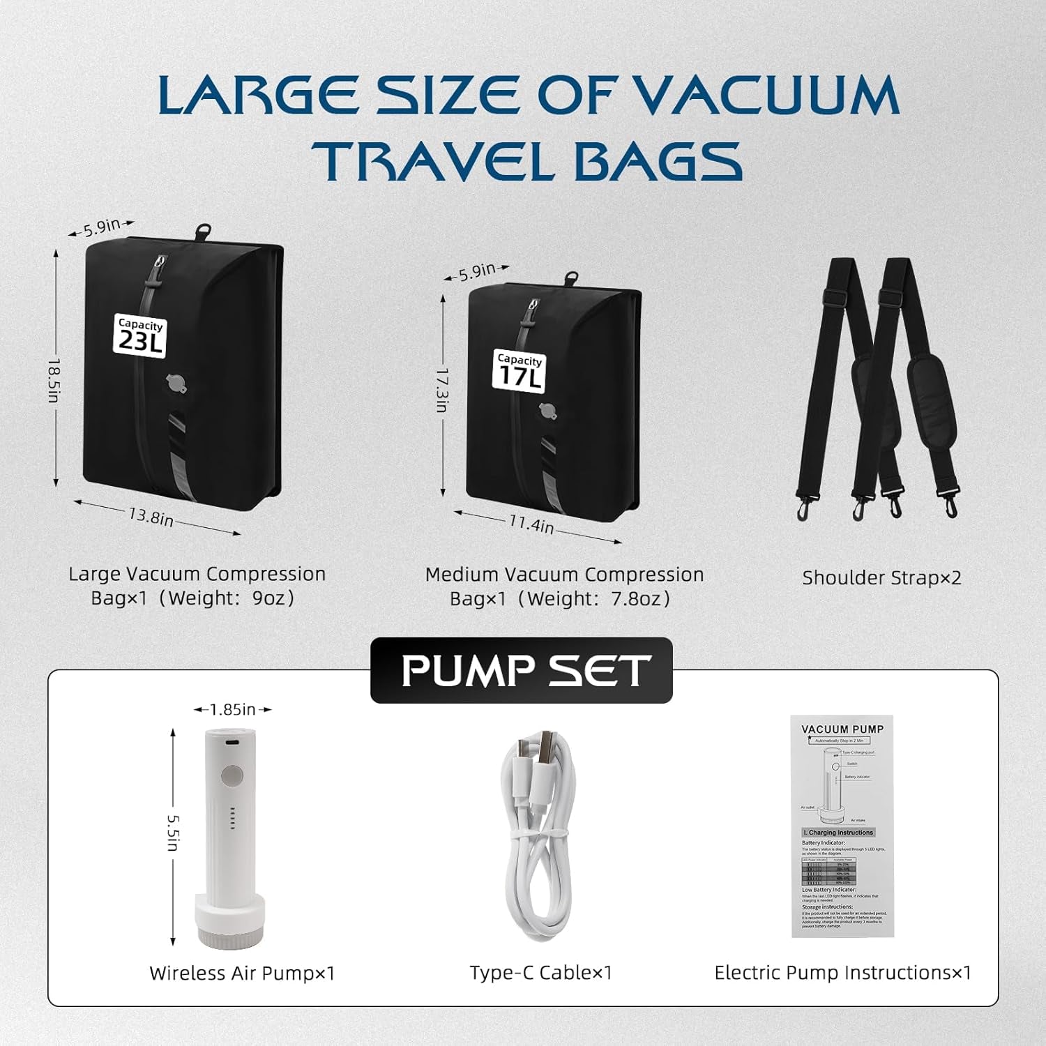 Travel Vacuum Bags with Pump,Space Saver Vacuum Storage Bags, Ip67 Waterproof,Airless Vacuum Kit Travel Carry on Suitcase and Backpack (2 Pack+Pump）