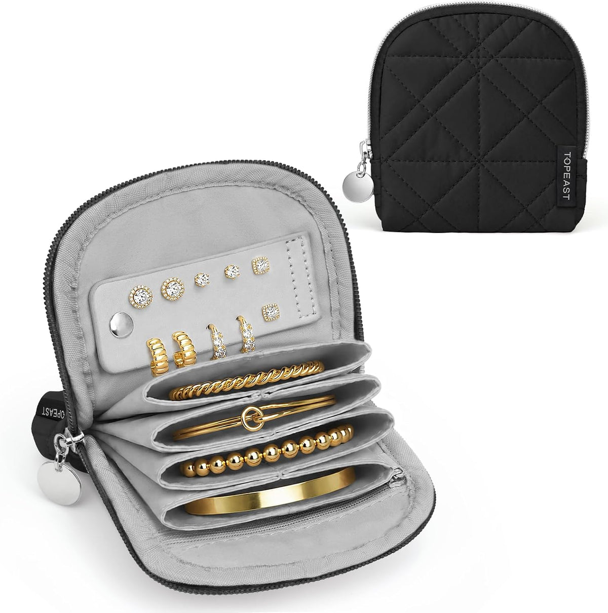 Quilted Travel Jewelry Case for Women, Puffer Jewelry Organized Bag