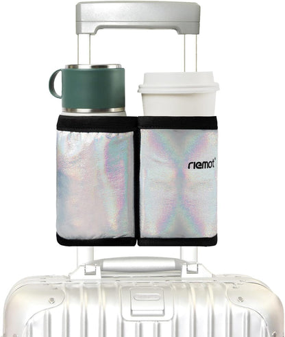 Luggage Travel Cup Holder Free Hand Drink Carrier - Hold Two Coffee Mugs - Fits Roll on Suitcase Handles - Gifts for Flight Attendants Travelers Accessories Grey