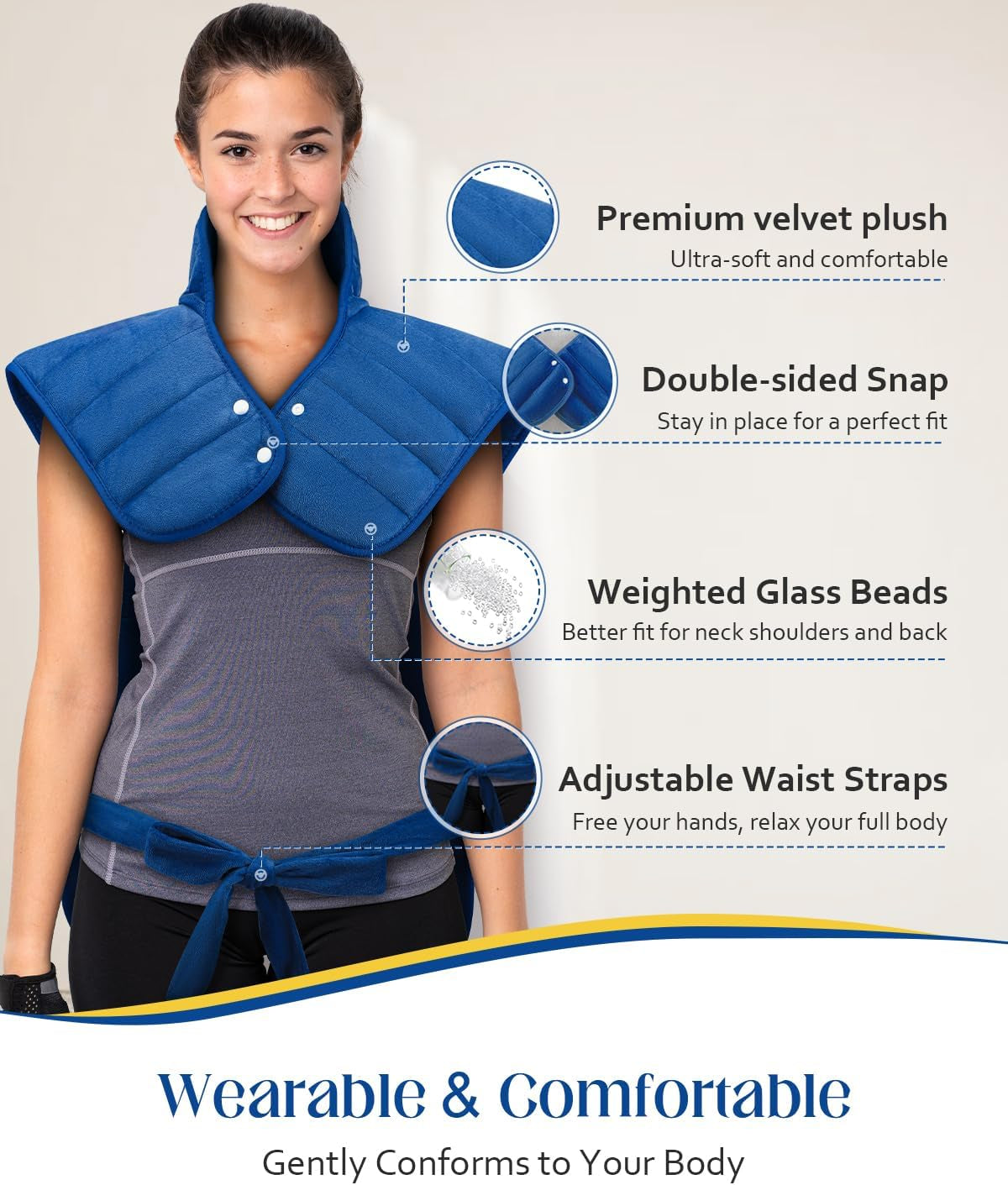 Weighted heated wrap with snaps and waist strap