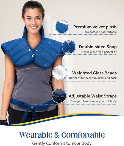 Weighted heated wrap with snaps and waist strap