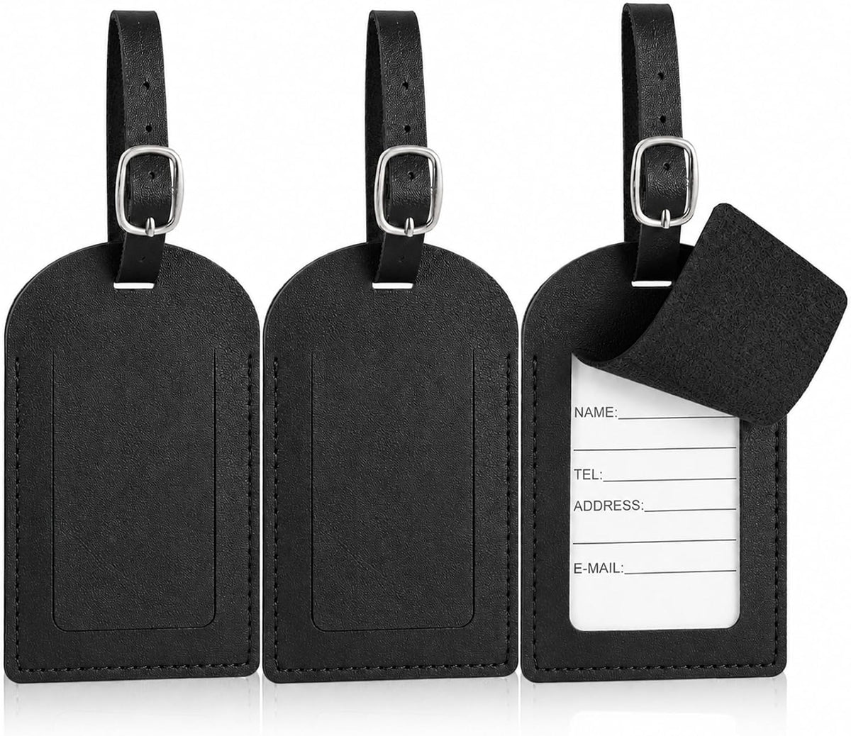3 Pack Leather Luggage Tags, Black PU Leather Cruise Luggage Tag
