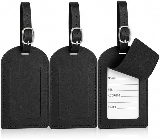 3 Pack Leather Luggage Tags, Black PU Leather Cruise Luggage Tag
