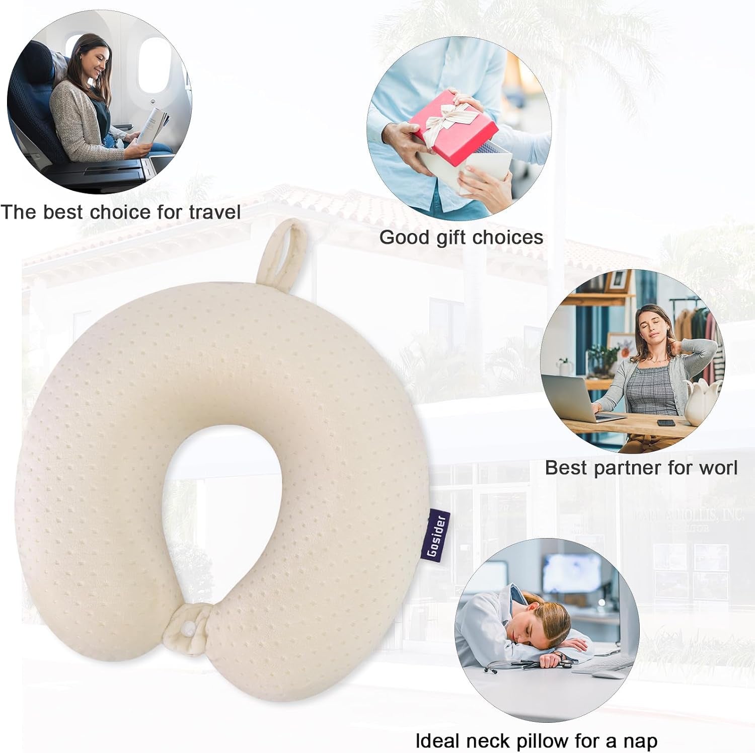 Memory Foam Neck Pillow, Travel Neck Pillow, Beige