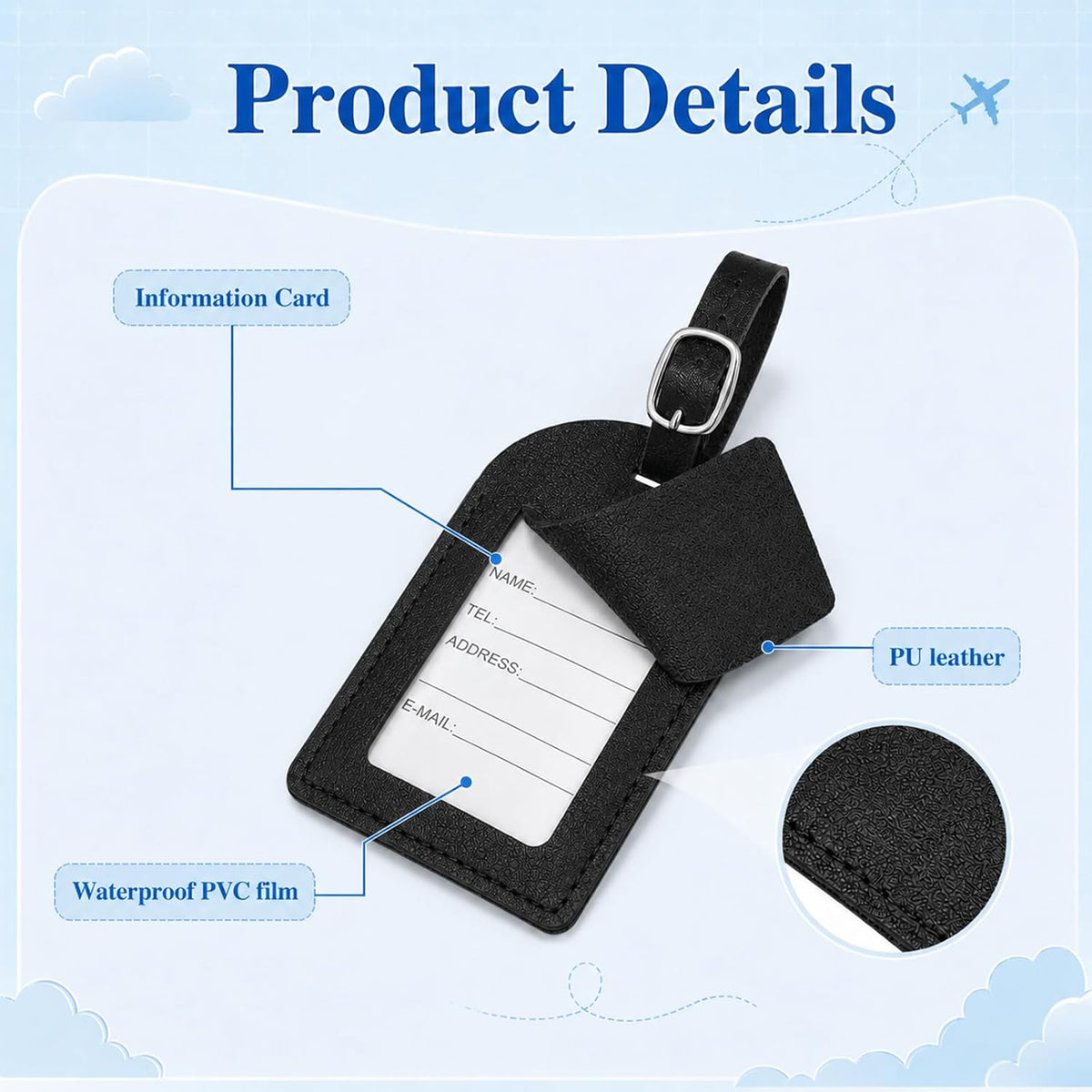 3 Pack Leather Luggage Tags, Black PU Leather Cruise Luggage Tag