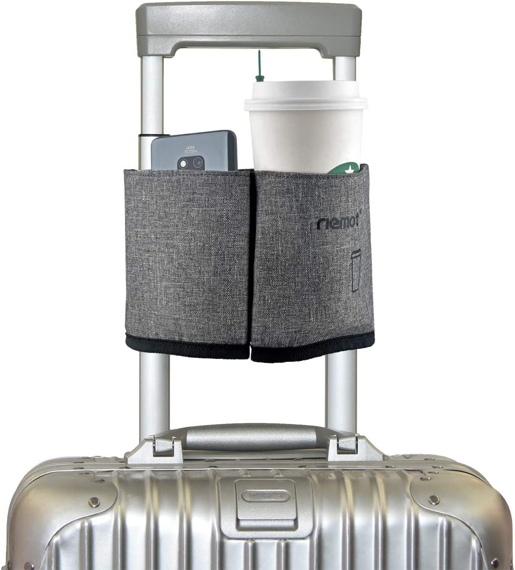 Luggage Travel Cup Holder Free Hand Drink Carrier - Hold Two Coffee Mugs - Fits Roll on Suitcase Handles - Gifts for Flight Attendants Travelers Accessories Grey