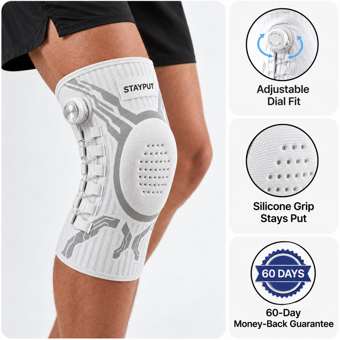 StayPut Dial knee brace: adjustable dial fit, silicone grip, 60-day money-back guarantee