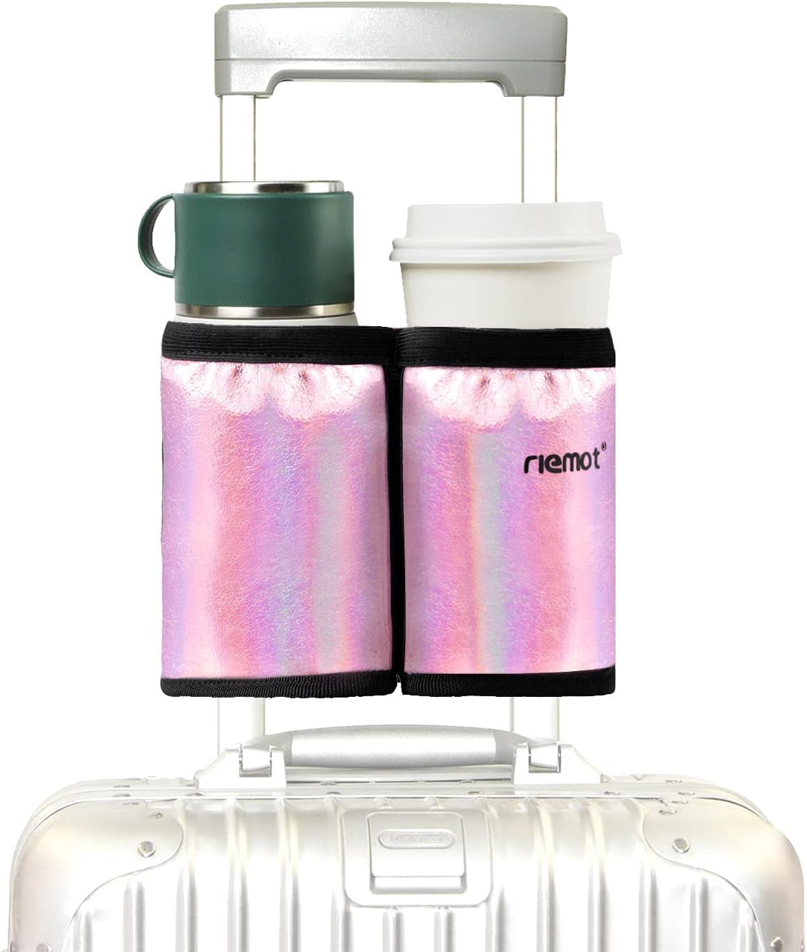 Luggage Travel Cup Holder Free Hand Drink Carrier - Hold Two Coffee Mugs - Fits Roll on Suitcase Handles - Gifts for Flight Attendants Travelers Accessories Grey