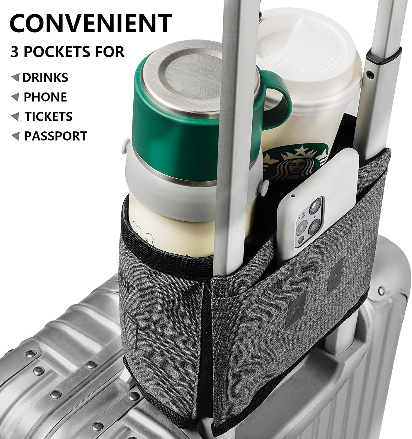 Luggage Travel Cup Holder Free Hand Drink Carrier - Hold Two Coffee Mugs - Fits Roll on Suitcase Handles - Gifts for Flight Attendants Travelers Accessories Grey