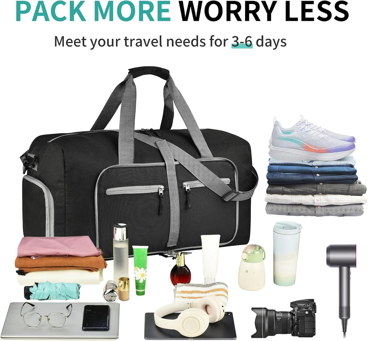40L Foldable Duffle Bag, Travel & Weekender, Overnight, Gym