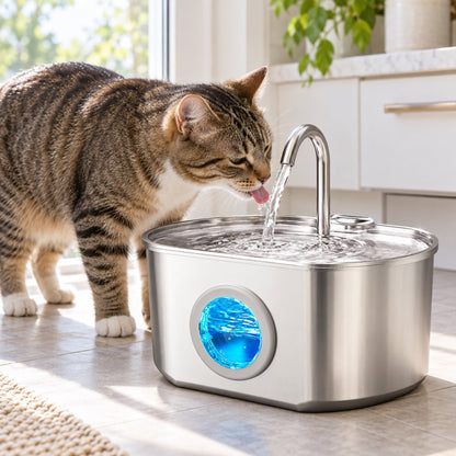 Cat drinking from the stainless steel pet water fountain