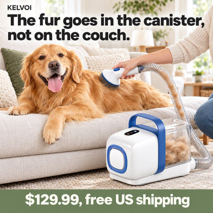 Kelvoi Pet Grooming Vacuum Kit catching golden retriever fur while brushing on the couch