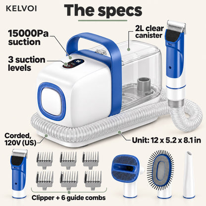 Kelvoi Pet Grooming Vacuum Kit specs: 15000Pa suction, 3 suction levels, 2L canister