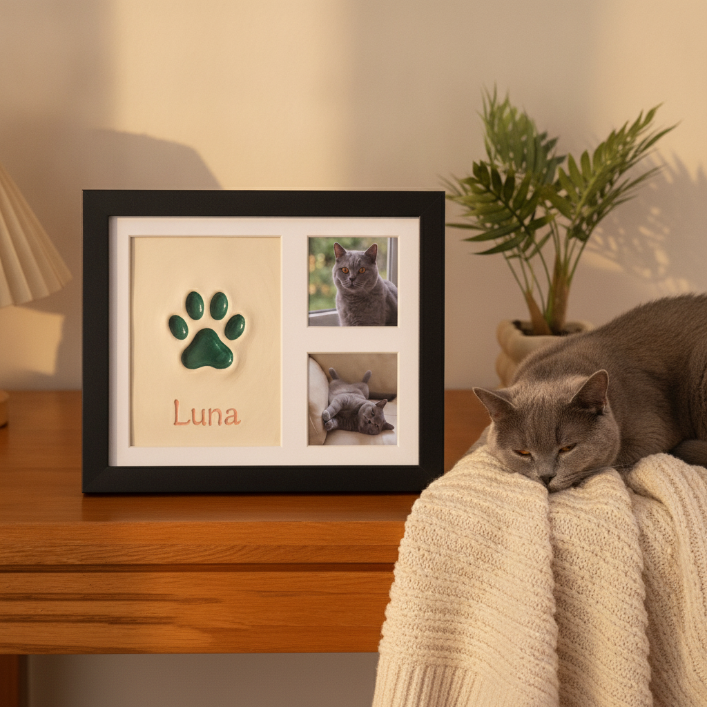 Forever Paw keepsake frame with a green painted cat paw print, the name Luna and two cat photos