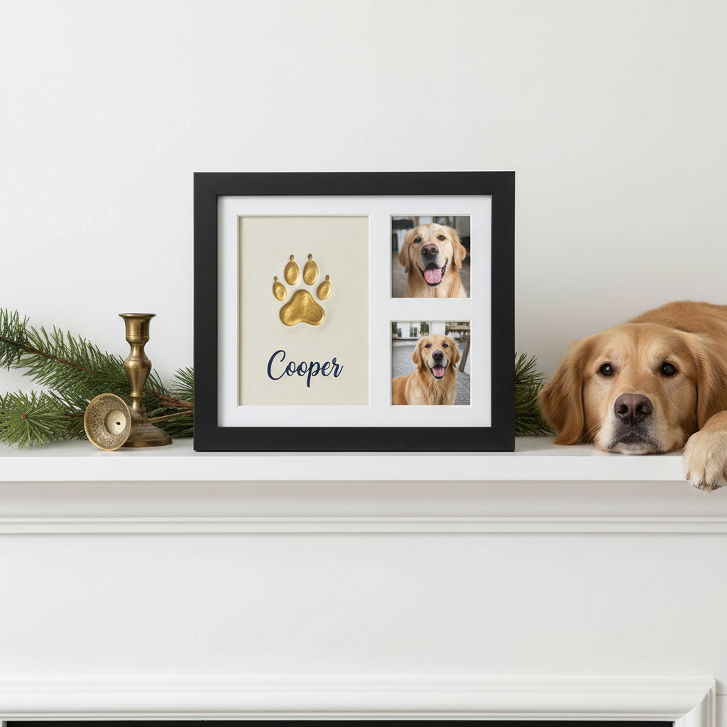 Forever Paw keepsake frame with a gold painted dog paw print, the name Cooper and two golden retriever photos