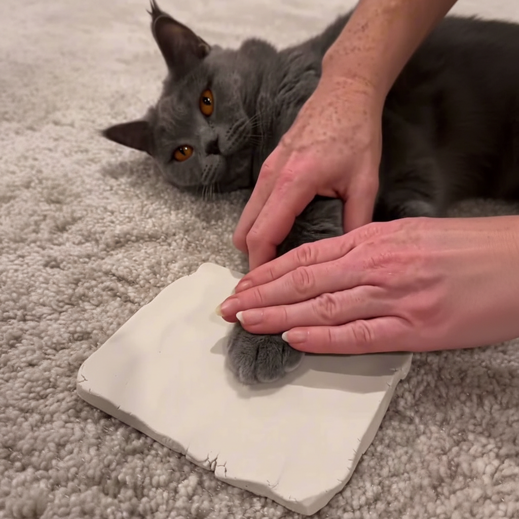 Pressing a cat paw gently into soft air-dry clay