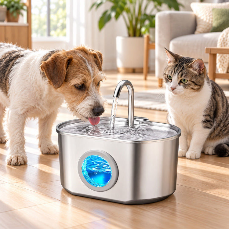 Pets drinking from the Kelvoi stainless steel water fountain
