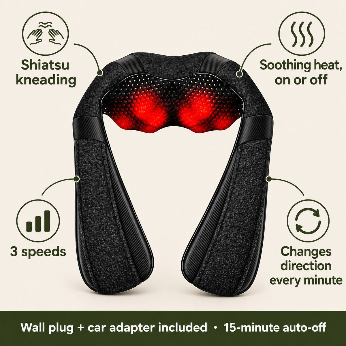 KneadWrap features: shiatsu kneading, soothing heat, 3 speeds, changes direction every minute