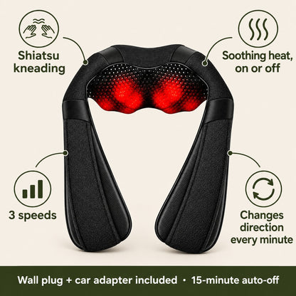 KneadWrap features: shiatsu kneading, soothing heat, 3 speeds, changes direction every minute