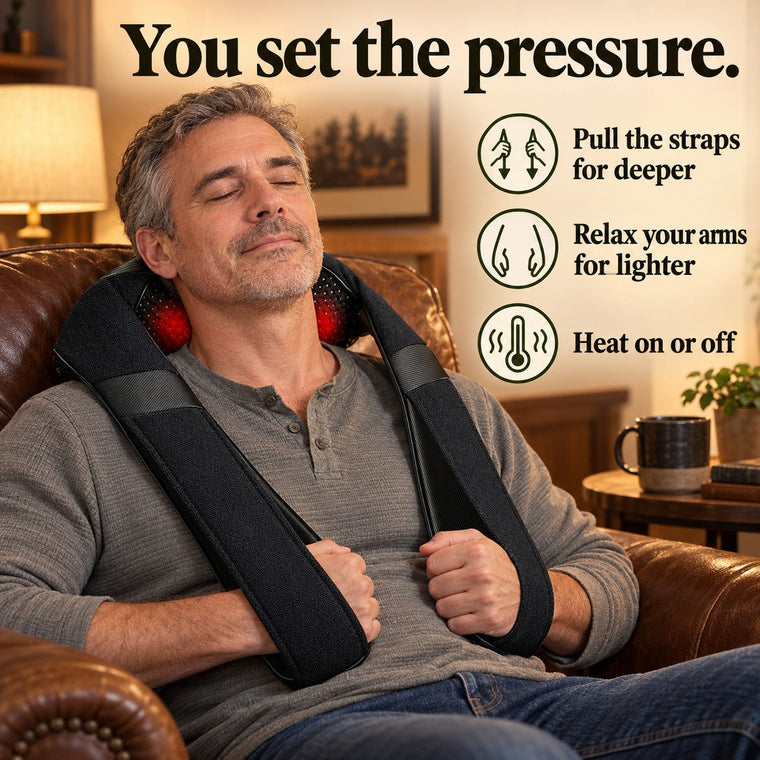Man in an armchair setting the pressure with the KneadWrap arm straps