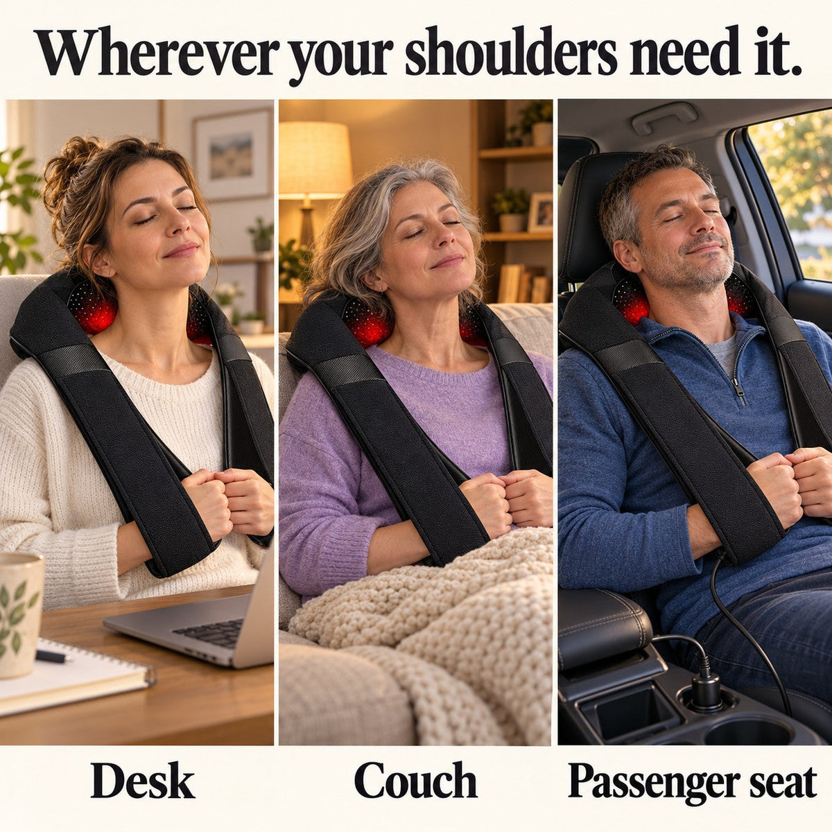 KneadWrap used at a desk, on the couch and in the passenger seat