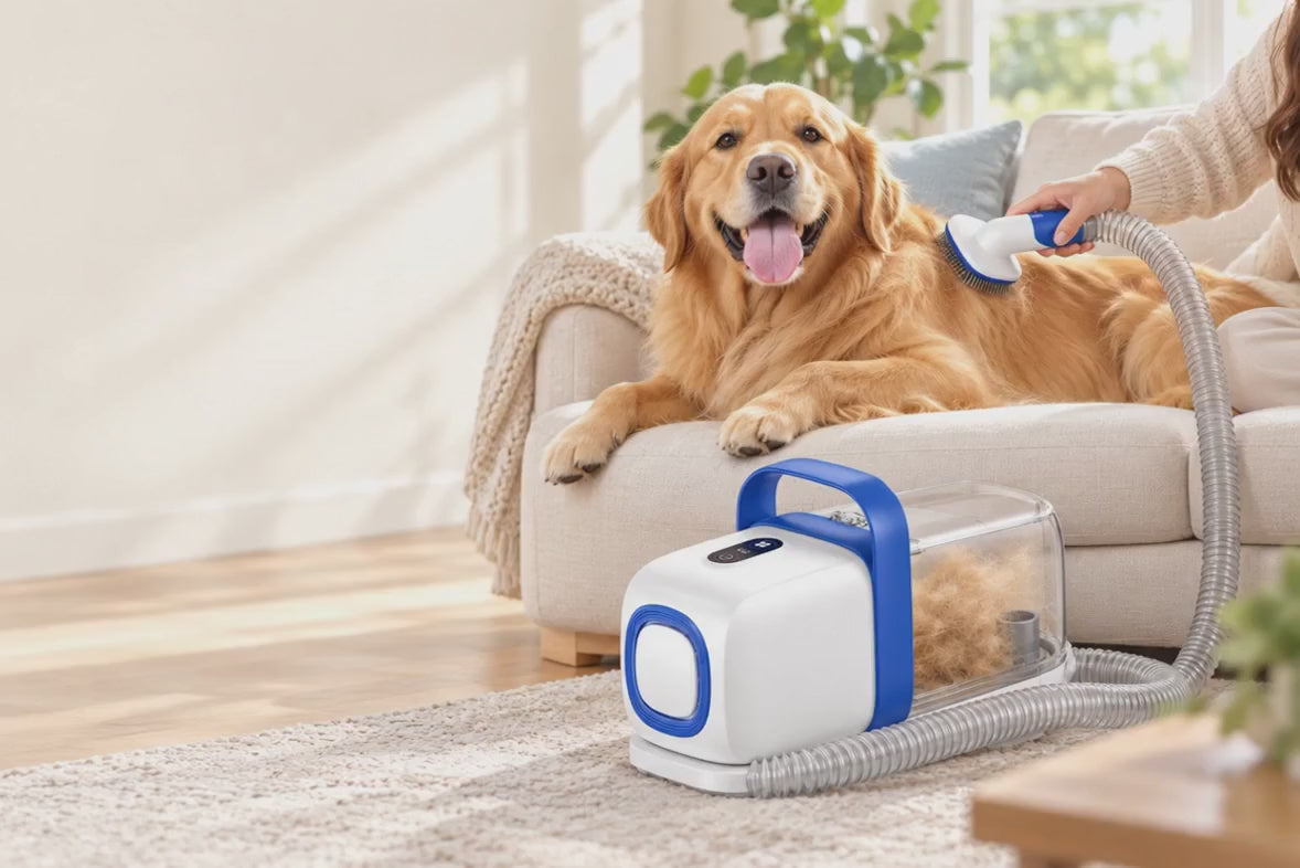 Kelvoi grooming vacuum kit in use: brushing a golden retriever while the fur goes into the canister