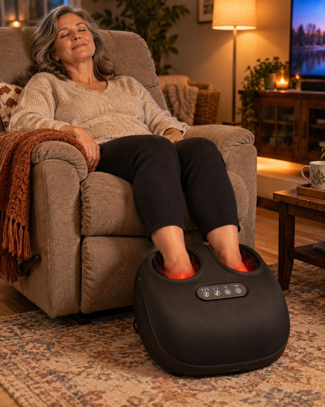 Heated foot massager in front of a recliner