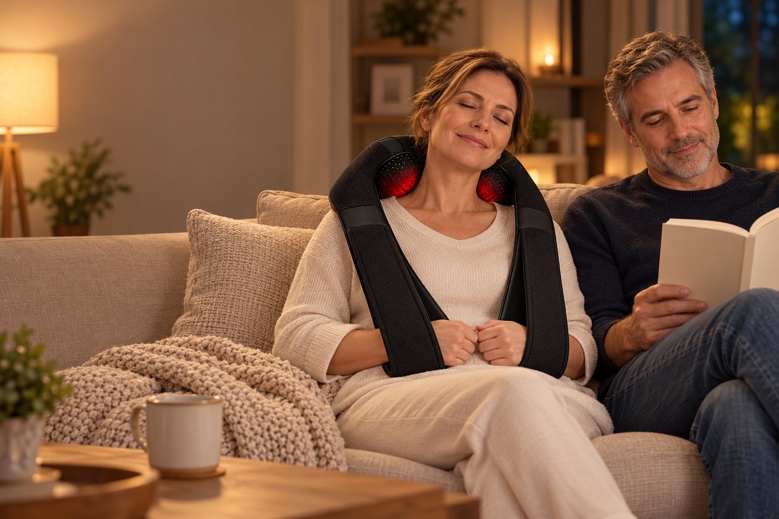 Woman relaxing on a couch in the evening wearing the KneadWrap massager